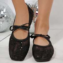 Lace Mesh Mary Jane Flats For Women Square Toe Breathable Bowknot Ballet Casual Summer Party Shoes Sandals - 黑色 - 查看 2