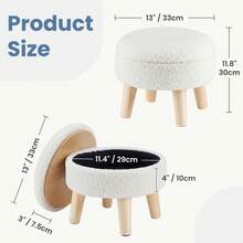 Small Round Ottoman Foot Rest Stool Fabric Padded Seat Footstool Ottoman With Anti-Slip Wooden Legs - 米色 - 查看 3