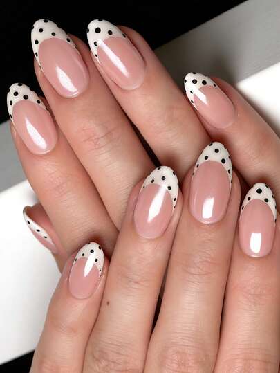 24片夏季椭圆珠子美甲贴纸，经典优雅白边条纹、波点图案，亮面光泽，提亮美甲，时尚百搭，适合约会、派对、春夏、秋冬日常佩戴，可卸式按压美甲套装，含果冻胶和指甲锉，随机发货