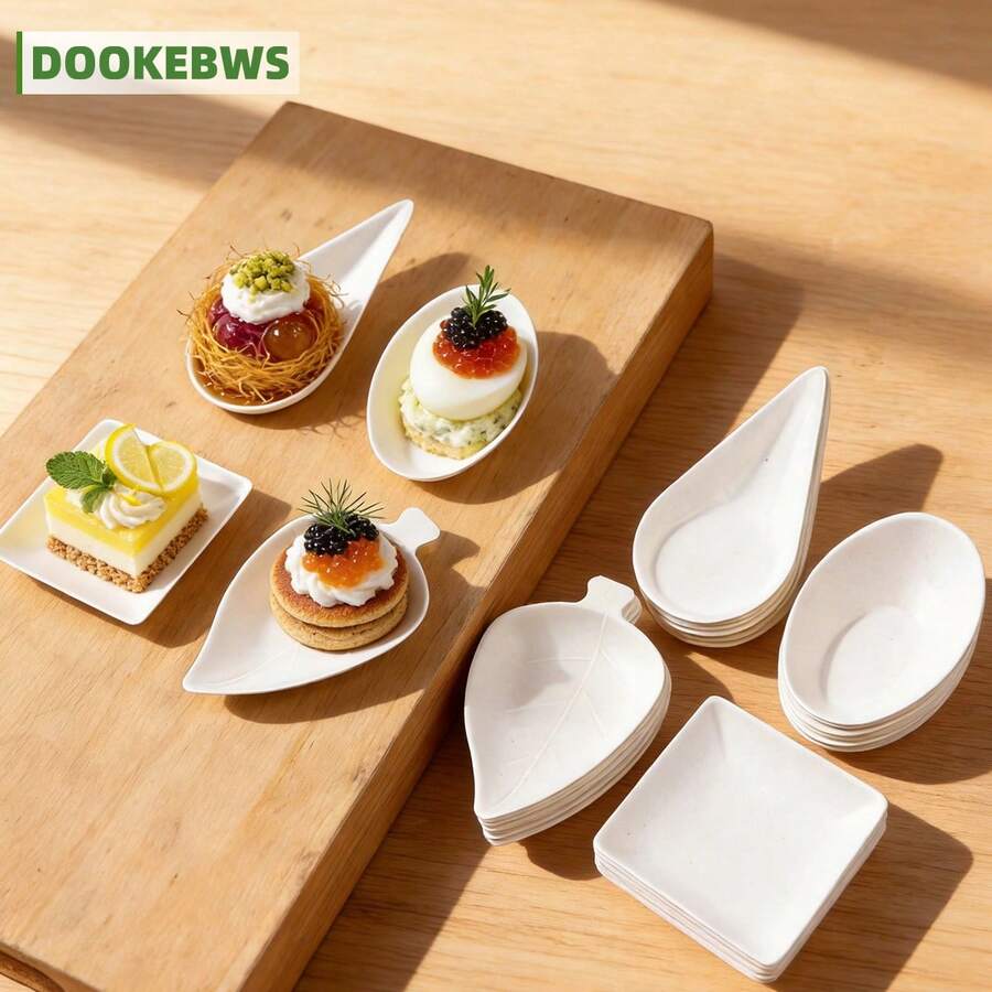 50pcs Disposable Mini Paper Appetizer Plates, For Holding Bite-Sized Appetizers, Snacks, Fruits, Desserts, Multiple Creative Shapes Available, Suitable For Tasting, Sampling, Gatherings, Restaurants, Parties, Weddings, Picnics, Afternoon Tea And More - White - View 1