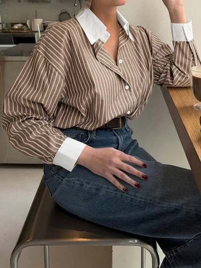 宽松棕色条纹蝙蝠袖休闲优雅大码女式衬衫，适合日常、通勤和户外穿着，春季款