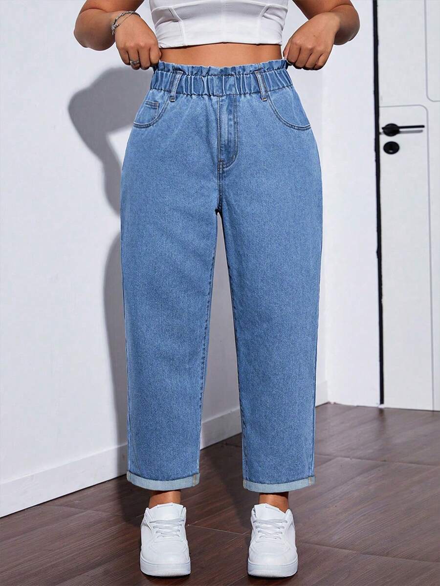 Light Blue Washed Floral Waist Jeans, Women's High Waist Elastic Cuffed Cropped Denim Pants Casual Spring - Light Wash - View 1