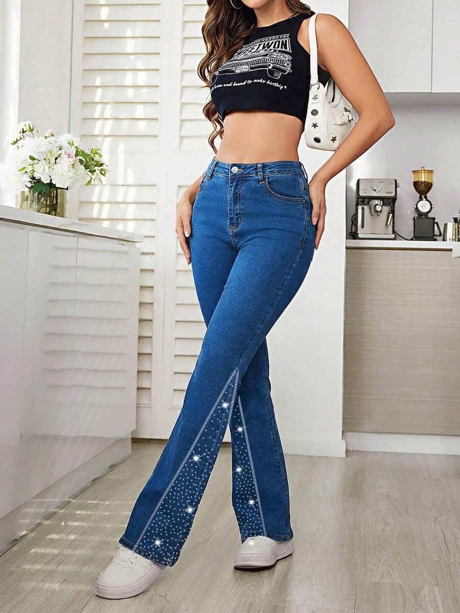 ALO FASHION Women's Boho-Style Flared Denim Long Pants, Washed With Rhinestones And Metallic Mesh Details, Highly Elastic. - 寶藍色 - 查看 1