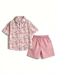 Bộ áo sơ mi và quần short in hoa hồng thanh lịch dành cho bé trai. - Hồng - Xem 10