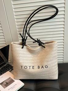 Nouveau sac de plage tressé en paille, sac fourre-tout tressé à large capacité avec une seule épaule pour femmes - Beige - Voir 3