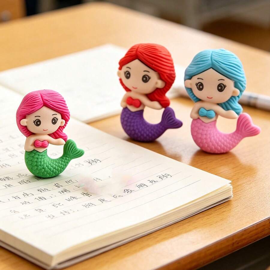 10pcs Random Colors Cute Mermaid Shaped Eraser, Creative Cartoon Design Rubber For Students, Lovely Novelty Stationery For School, Drawing, Writing, Homework And Holiday Gift Giving For Kids, Back To School - Eraser - View 1