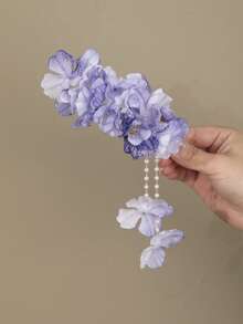 1个时尚波西米亚风人造花发夹，珍珠花瓣流苏发饰，适合女性，夏季、假日、旅行 - 彩色 - 查看 7
