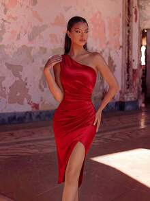 ADYCE 纯色褶裥装饰前开衩鸡尾酒会/约会之夜连衣裙，新年连衣裙，情人节婚礼优雅春季礼服 - 紅色 - 查看 1