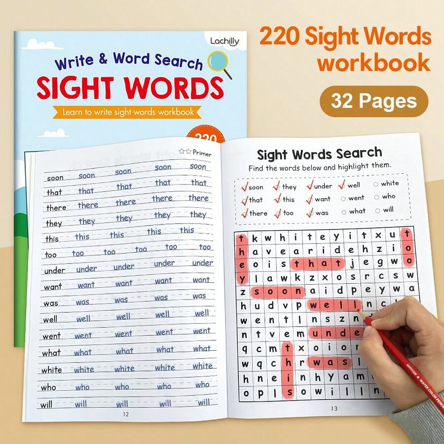 Lachilly Brain Games - 220 High-Frequency Words Puzzle Dolch Sight Words Word Search Workbook, Suitable For Children To Expand Vocabulary And Improve Reading Fluency, High-Frequency Words Activity Worksheets, Essential Sight Words For Kids, Reinforce Reading And Spelling Of Common Words