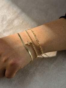 3pcs Set Minimalist Multi-Layer Gold-Tone Bracelets, Niche Stainless Steel Blade Chain, Copper Bead Chain And Cross Zirconia Chain With Cross Copper Pendant Layered Bracelet Jewelry Gift For Women (Bead Quantity And Chain Loops Randomly Assorted) - Gold - View 2