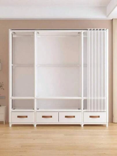 Portable Closet With 4 Drawers, 57" Large Portable Wardrobe Closet For Hanging Clothes, Clothing Storage Organizer With 3 Hanging Rod & 6 Shelves, Freestanding Closet For Bedroom, Living Room, White