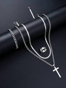 4 piezas Conjunto de joyería de acero inoxidable para hombres, collar con colgante de cruz, cadena cubana, cadena de serpiente y anillo de cruz, joyería de uso diario de estilo hip hop y punk - Plateado - Ver 2