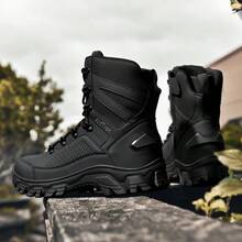 Men's Outdoor Hiking Boots, High-Top Desert Boots, Anti-Slip Tactical Boots With Laces And Zipper, Military Combat Boots For Men - Black - View 3