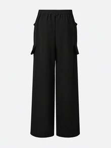 Women's Black Non-Stretch Polyester Wide Leg Pants With Utility Pocket Details - Black - View 4