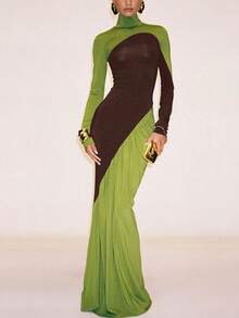 Vestido elegante de manga larga con bloques de color y vuelo, adecuado para fiestas y uso diario - Verde - Ver 1