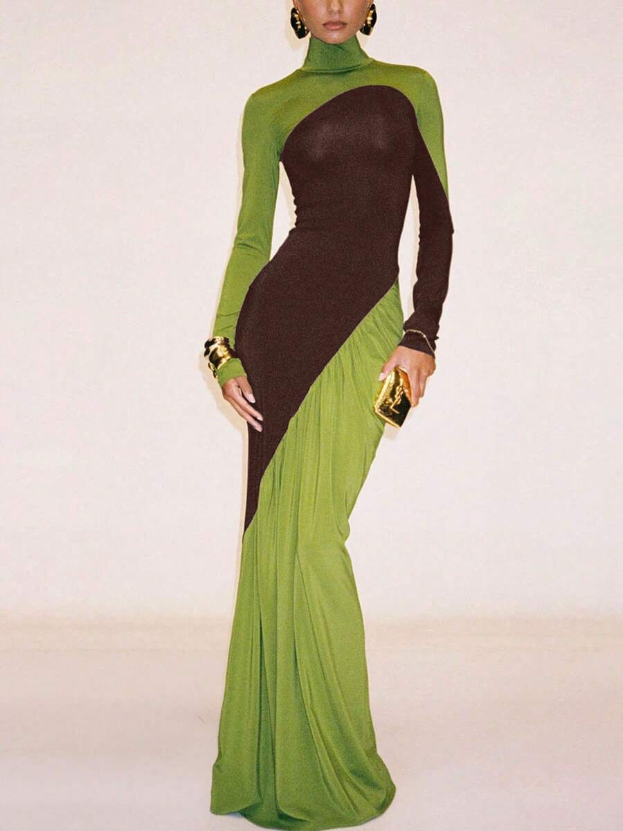 Vestido elegante de manga larga con bloques de color y vuelo, adecuado para fiestas y uso diario - Verde - Ver 1