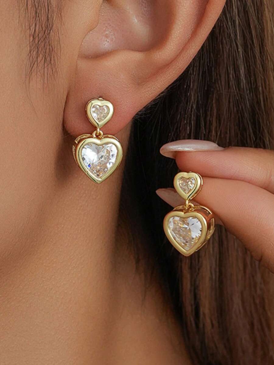 一对欧美奢华风格双心水晶吊坠耳环，优雅珠宝礼品，女士之选 - 金色 - 查看 1