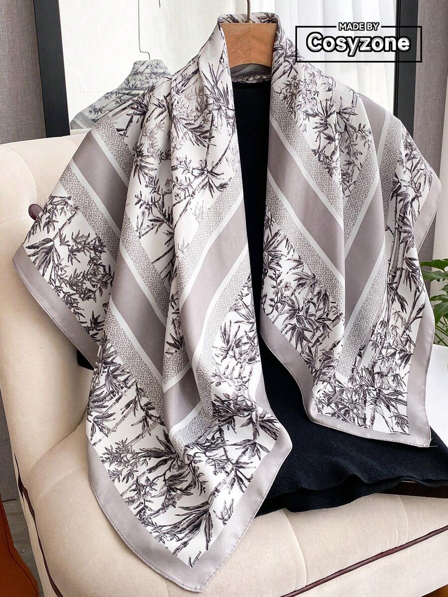 1 pieza Pañuelo cuadrado de seda con estampado floral elegante de 90 cm, pañuelo de cabeza versátil y de moda para protección solar, apto para uso diario, playa y vacaciones - Gris Claro - Ver 1