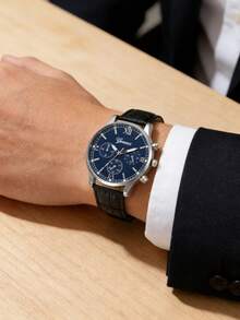 1pc/Set Men's Business Three-Eye Roman Dial Quartz Leather Strap Watch, Suitable For Daily Wear, Birthday, Gift For Men, Anniversary, Halloween And Other Holiday Gifts, No Gift Box - Navy Blue - View 2