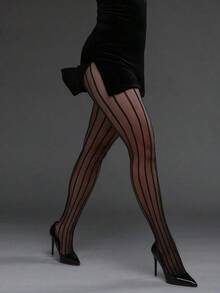 1pc Vertical Striped High Elasticity Fishnet Leggings, Sexy Tight Stockings Gothic Punk Fashion - Black 2 - View 1