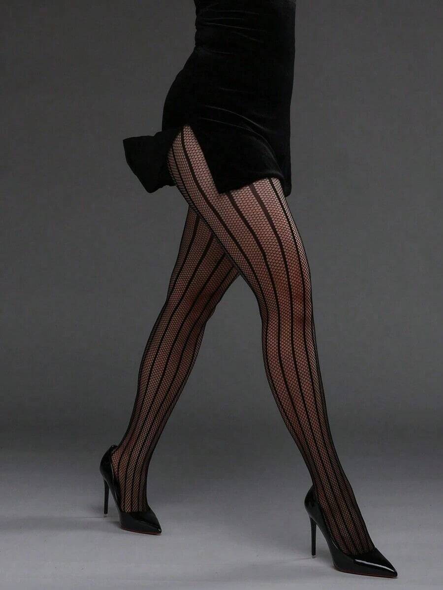1pc Vertical Striped High Elasticity Fishnet Leggings, Sexy Tight Stockings Gothic Punk Fashion - Black 2 - View 1