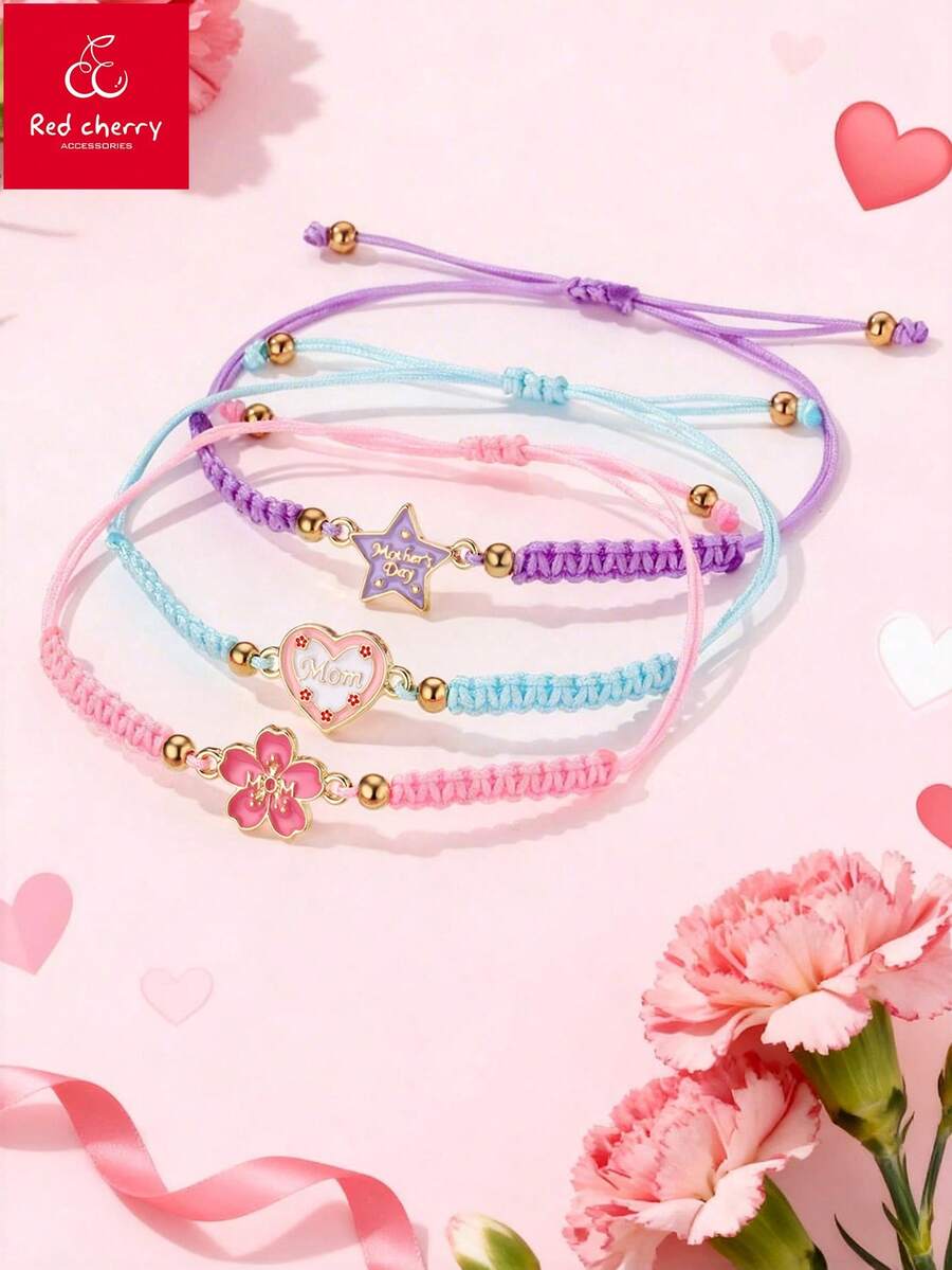 3件套儿童精美手工珐琅花朵、爱心、五角星吊坠手链,适合日常佩戴、送礼、节日、母亲节送给妈妈和孩子的礼物 - 彩色 - 查看 1