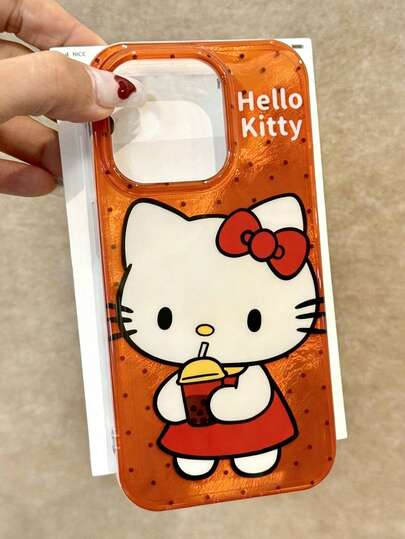 SANRIO 1个新款奢华冰川纹理橙色波点可爱创意Hello Kitty喝奶茶手机壳，时尚独特卡通少女保护套