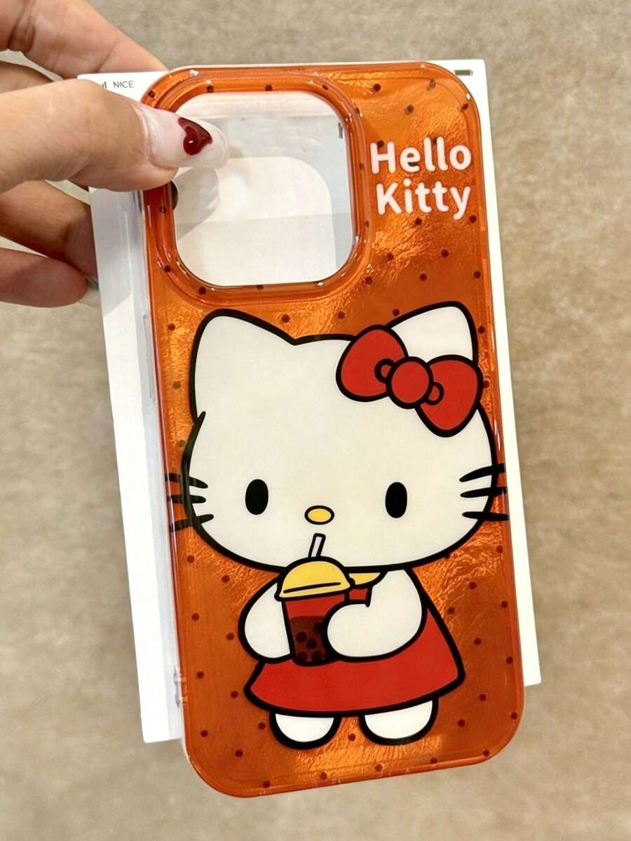 SANRIO 1个新款奢华冰川纹理橙色波点可爱创意Hello Kitty喝奶茶手机壳，时尚独特卡通少女保护套 - 彩色 - 查看 1