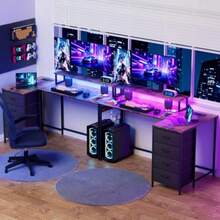 Escritorio Escritorio Gamer en L 140 * 50 * 75cm Escritorio Minimalista escritorío para Luces LED y Tomas de Corriente USB Escritorío de Esquina con Estante para 4 Cajones - Color retro - Ver 8