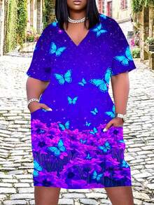 Butterfly And Flower Print Women's Plus Size V Neck Dress With Pockets Comfortable Breathable Fashion Casual Outfit Suitable For Leisure And Sports Activities 250g - 彩色 - 查看 1