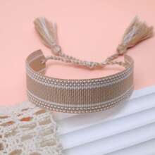 1pc Handmade Vintage Minimalist Boho Style Woven Bracelet, Suitable As Gift For Family, Friends, Students, Festivals, Parties, Traveling - Khaki - View 4