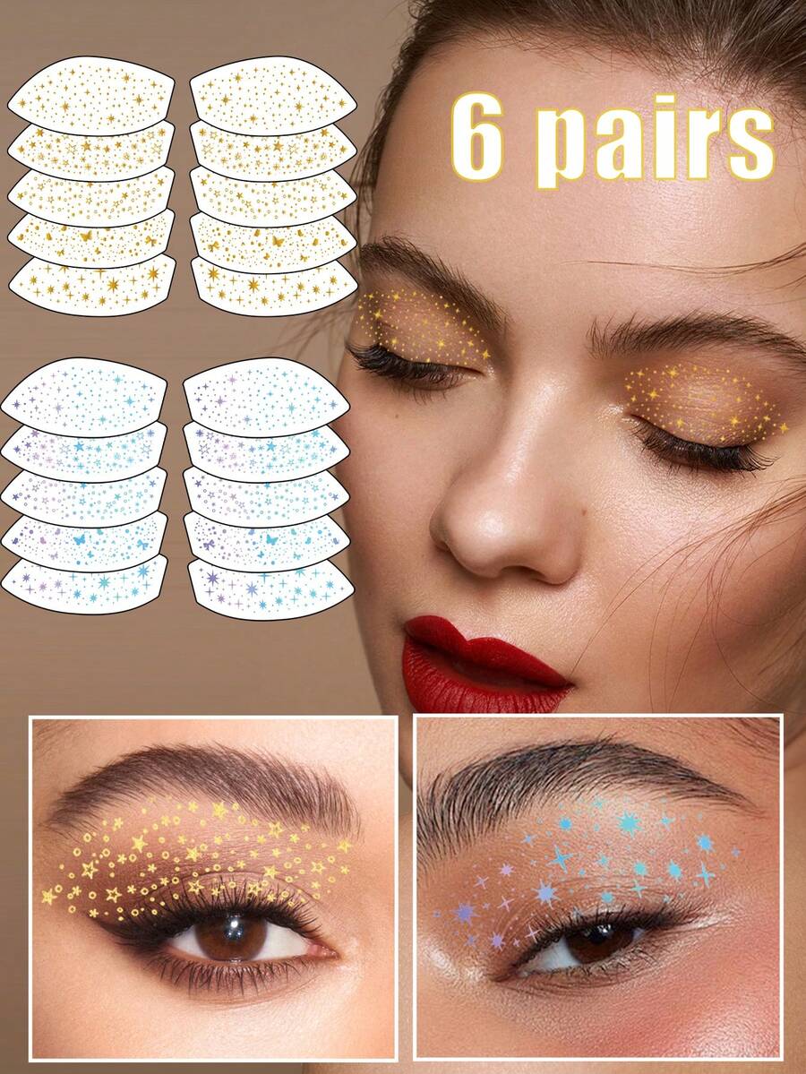 6 pièces Tatouage temporaire à la feuille d'or pour le maquillage des yeux, convient pour les fêtes, les mariées, la photographie, le carnaval, les rassemblements, le maquillage quotidien. Autocollants de tatouage de taches de rousseur pailletées pour le maquillage des yeux pour femmes - Doré - Voir 1