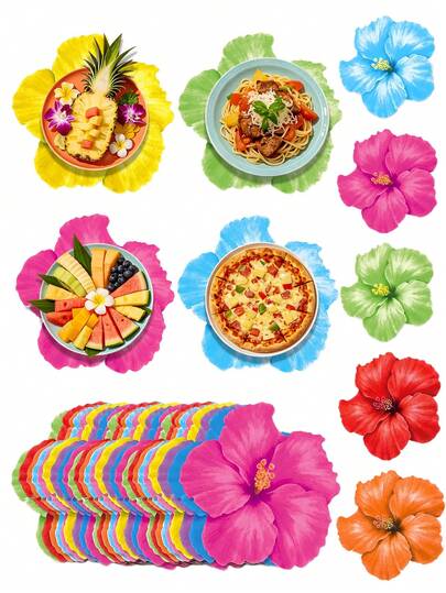 12片装热带夏威夷芙蓉花图案纸质餐垫，彩色一次性桌垫，适合夏季派对、夏威夷风情、婚礼、生日及其他场合。