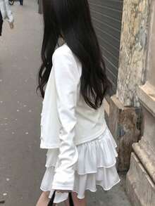 春秋甜美顯瘦素色長袖鈕扣上衣 - 白色 - 查看 3