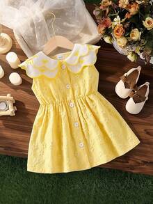 女婴甜美清新纽扣前襟蕾丝蝴蝶结刺绣双领无袖提花公主裙 - 黃色 - 查看 2