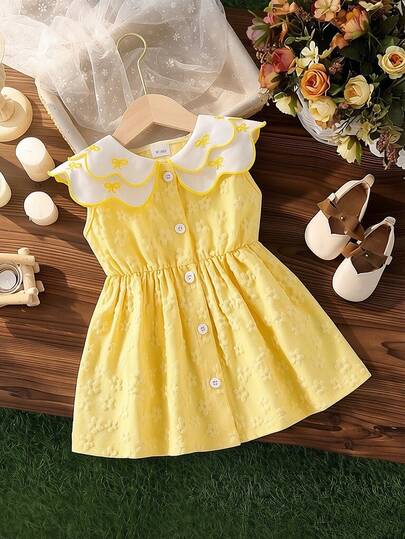 Baby Girl Sweet & Fresh Button Front Lace Bow Embroidered Double Collar Sleeveless Jacquard Princess Dress