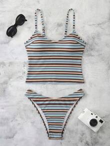 新款春夏法式复古蓝条纹独特性感休闲优雅露背系带束腰显瘦沙滩度假派对泳装套装 - 彩色 - 查看 2