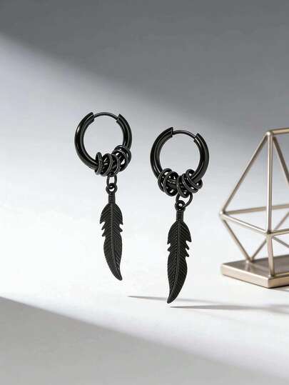 2pcs Stainless Steel Feather Earrings Set, Unisex, Suitable For Daily Wear Or Gatherings, Can Be Given As Birthday Gifts To Family And Friends
