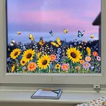 1pc Sunflower Field & Butterfly Glass Sticker, Spring Floral Combination, Self-Adhesive Easy To Apply, Decorative For Windows And Doors - Multicolor - View 2
