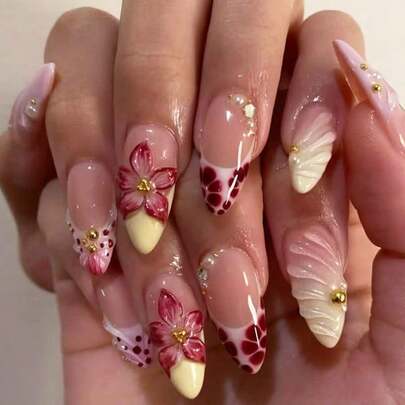 Bộ 24 miếng dán móng tay hình vỏ sò hoa ly hình hạnh nhân, móng giả đính pha lê hoa anh đào 3D nổi bật kèm 1 dũa móng và gel, bộ dụng cụ làm móng nghệ thuật nhẹ nhàng dành cho ngón tay dài.