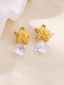 1 Đôi bông tai dáng hoa thanh lịch đính ngọc trai, bông tai ngọc trai giả kiểu Baroque, bông tai thép không gỉ dành cho nữ, bông tai nữ, bông tai cô dâu, trang sức dự tiệc cưới, quà tặng Ngày của Mẹ, quà tặng Ngày Valentine - Nhiều màu - Xem 3