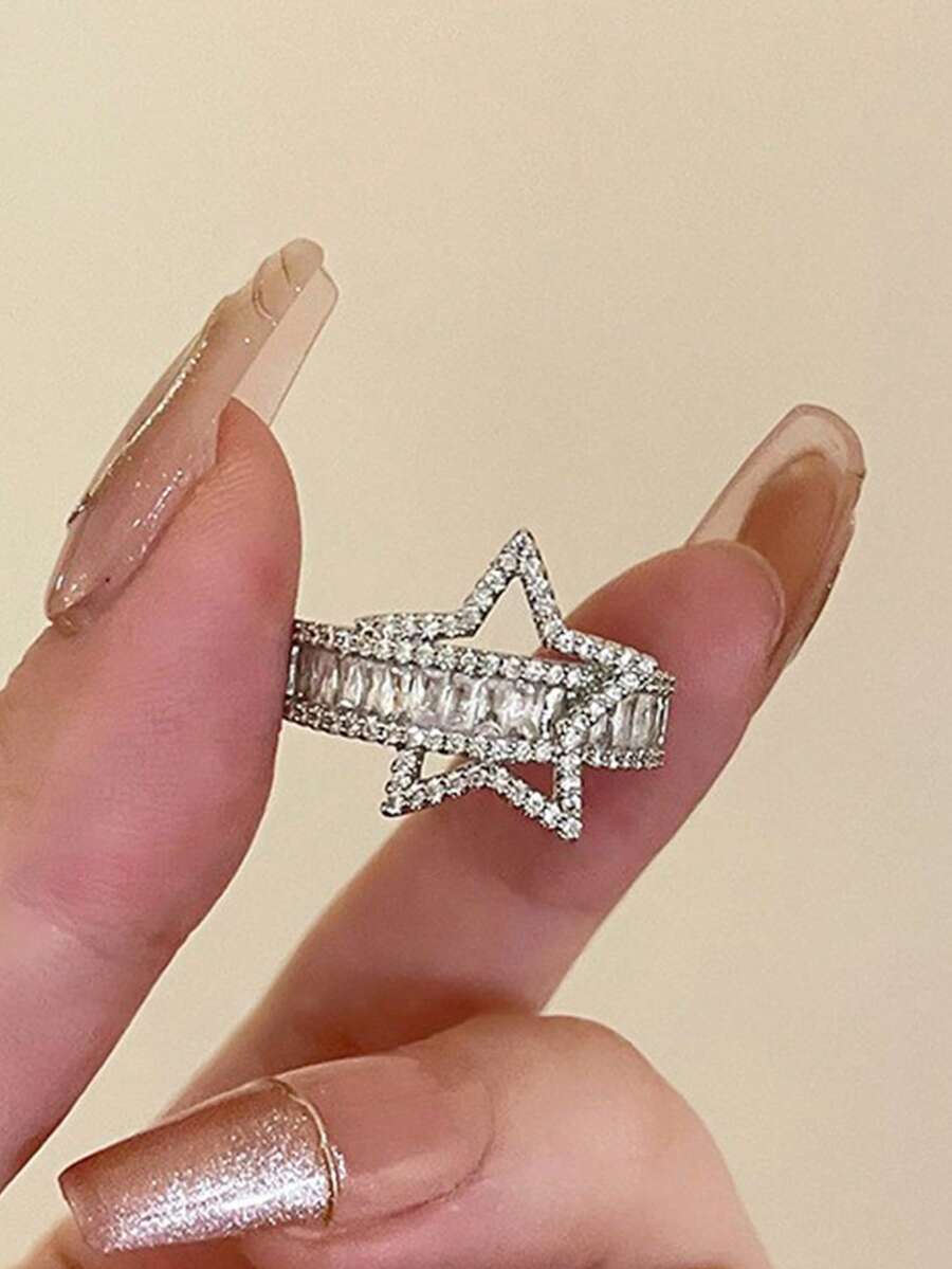 1pc Minimalist Design Luxury Sparkling Zirconia Heart Shaped Ring For Women - Antique Silver - View 1