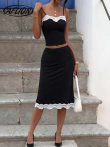 Aflion 2pcs/Set Women's Sexy Black Lace Trim Camisole Top + A-Line Mid-Length Skirt Set - Strapless Design, Fashionable Sexy Retro Sweet Style, Essential For Summer Beach, Party, Music Festival, Nightclub, Date, Valentine's Day, Carnival, New Year - Black - View 3
