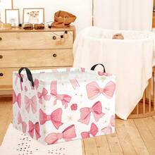 1pc Pink Bow Pattern Storage Box, Portable Foldable Storage Basket, Multi-Purpose Clothing & Toy Organizer Box, Girly Home Storage - Coral Pink - View 1