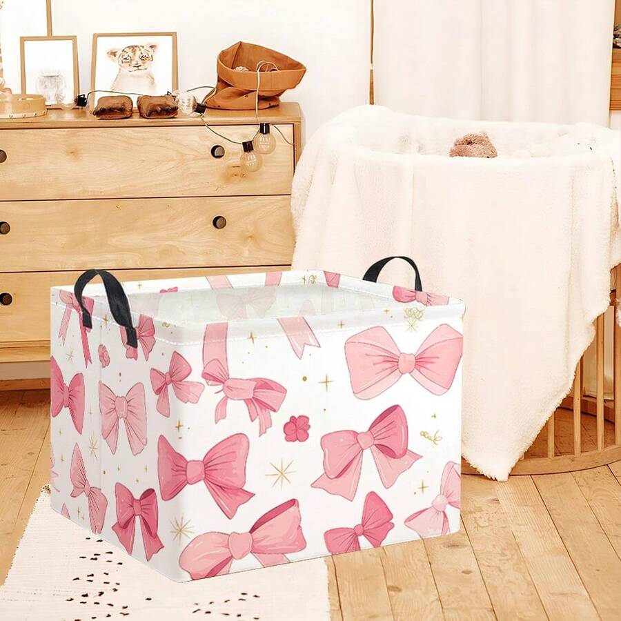 1pc Pink Bow Pattern Storage Box, Portable Foldable Storage Basket, Multi-Purpose Clothing & Toy Organizer Box, Girly Home Storage - Coral Pink - View 1