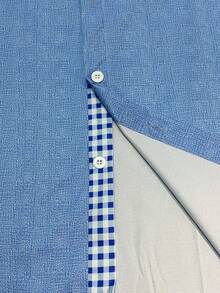 Camisa de manga corta con bolsillo y estampado de cuadros, talla grande, casual básica para hombre - Celeste - Ver 8