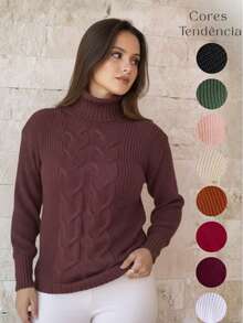Women's Cold Weather Sweater Turtleneck Wool Puff Sleeve Knitted Knit Braids - 鏽棕色 - 查看 5