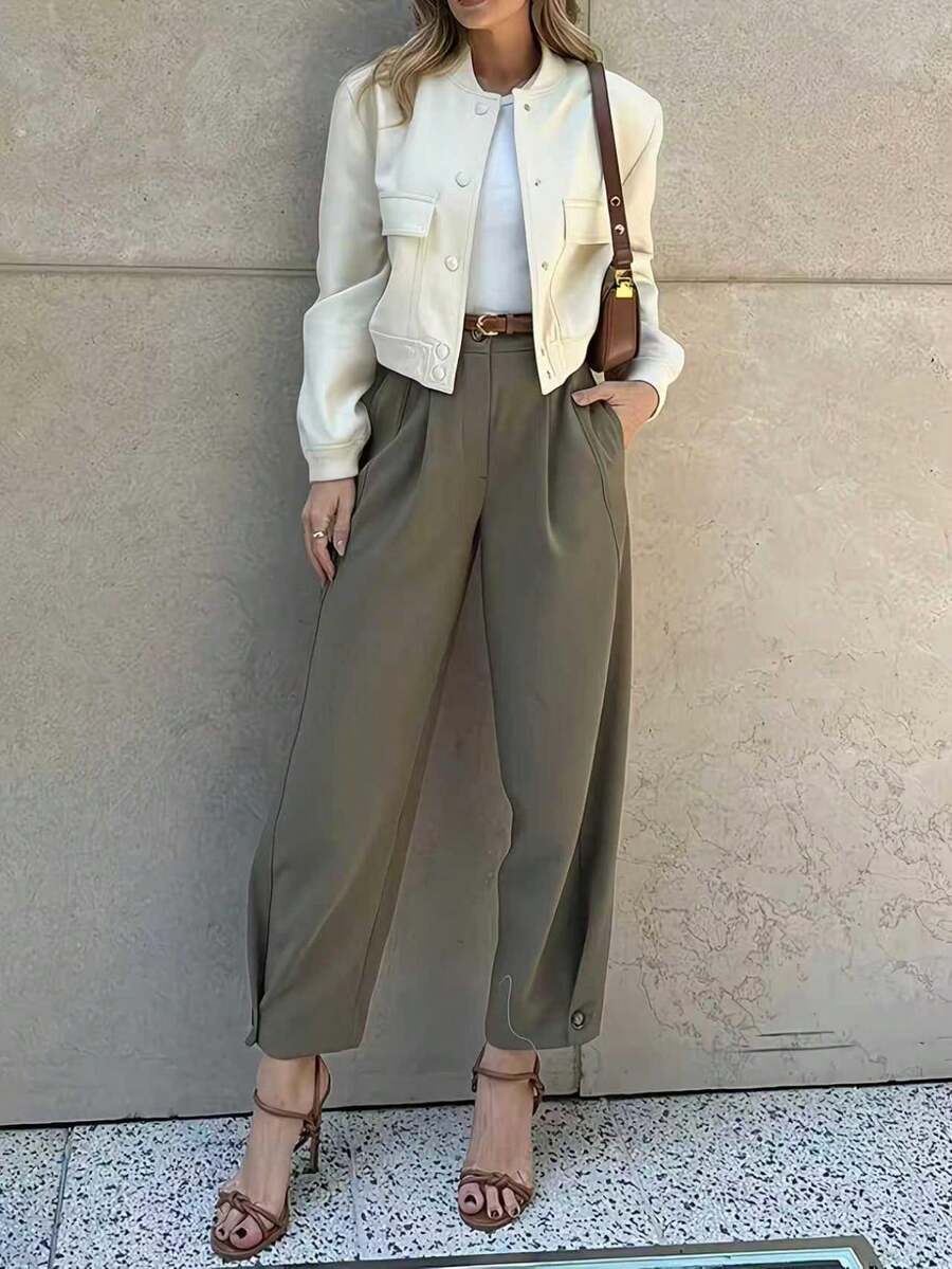 Women's Fashion Pocket Button Decor Loose High Waist Tapered Suit Pants - Khaki - View 1