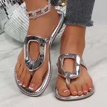 Sandals Flats Slides For Women Round Toe Buckle Decorated Dressy Flip Flops Thong Slide Slippers Summer Casual Beach Shoes - Silver - View 9