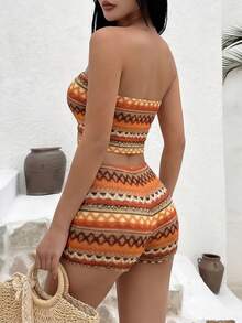 Sookaugx Embroidered Bandeau Twist Top And Mini Skirt Set, Vacation & Beach - Orange - View 4